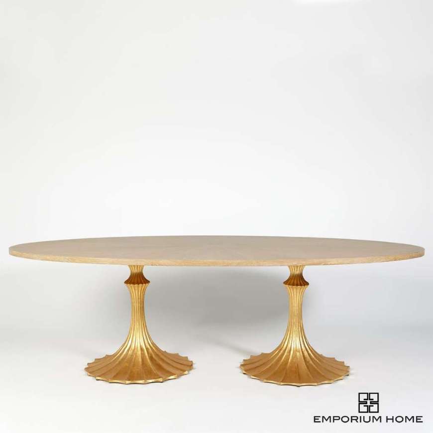 Picture of FLUTE TABLE 96" CERUSED OAK TOP W/26" GOLD LEAF BASE