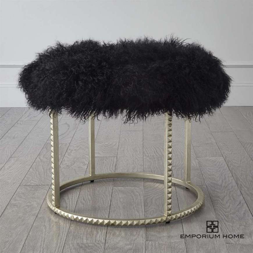 Picture of STUD POUF-SILVER LEAF-BLACK FUR