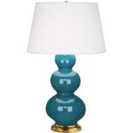 Picture of PEACOCK TRIPLE GOURD TABLE LAMP IN PEACOCK GLAZED CERAMIC WITH ANTIQUE NATURAL BRASS FINISHED ACCENTS 323X