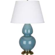 Picture of STEEL BLUE DOUBLE GOURD TABLE LAMP IN STEEL BLUE GLAZED CERAMIC WITH ANTIQUE BRASS FINISHED ACCENTS OB20X