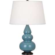 Picture of STEEL BLUE SMALL TRIPLE GOURD ACCENT LAMP IN STEEL BLUE GLAZED CERAMIC WITH DEEP PATINA BRONZE FINISHED ACCENTS OB31X