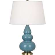 Picture of STEEL BLUE SMALL TRIPLE GOURD ACCENT LAMP IN STEEL BLUE GLAZED CERAMIC WITH ANTIQUE BRASS FINISHED ACCENTS OB30X