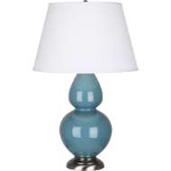 Picture of STEEL BLUE DOUBLE GOURD TABLE LAMP IN STEEL BLUE GLAZED CERAMIC WITH ANTIQUE SILVER FINISHED ACCENTS OB22X