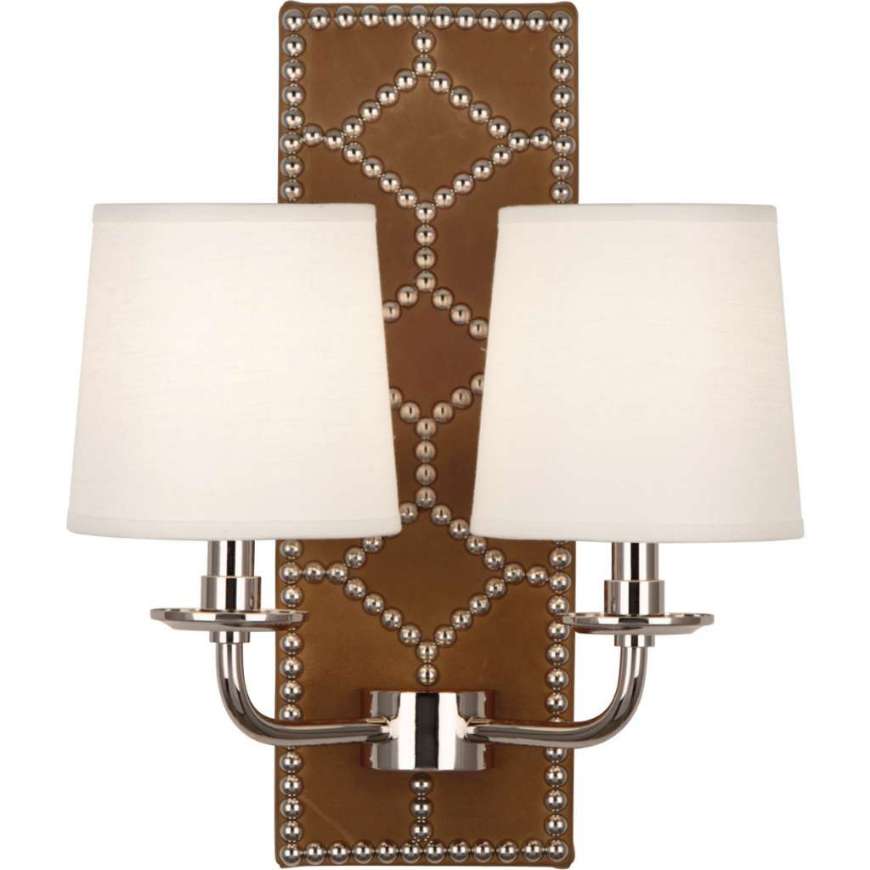 Picture of WILLIAMSBURG LIGHTFOOT WALL SCONCE IN BACKPLATE UPHOLSTERED IN ENGLISH OCHRE LEATHER WITH NAILHEAD DETAIL AND POLISHED NICKEL ACCENTS S1030