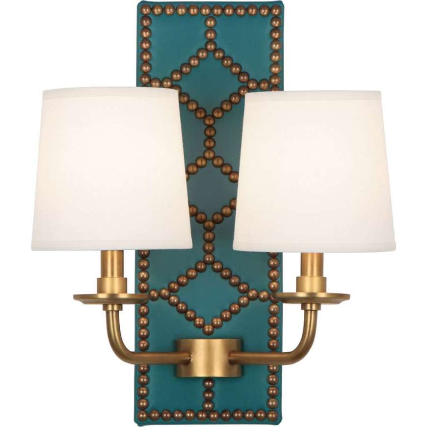 Picture of WILLIAMSBURG LIGHTFOOT WALL SCONCE IN BACKPLATE UPHOLSTERED IN MAYO TEAL LEATHER WITH NAILHEAD DETAIL AND AGED BRASS ACCENTS 1033