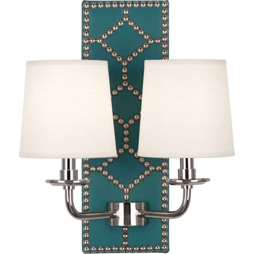 Picture of WILLIAMSBURG LIGHTFOOT WALL SCONCE IN BACKPLATE UPHOLSTERED IN MAYO TEAL LEATHER WITH NAILHEAD DETAIL AND POLISHED NICKEL ACCENTS S1033