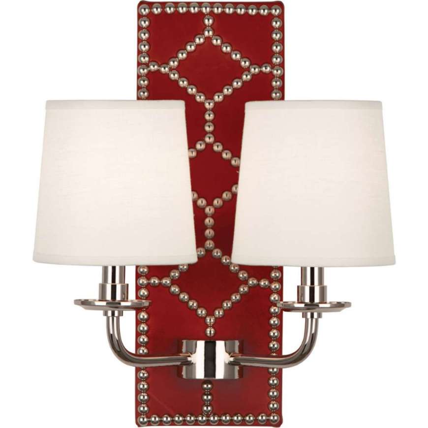 Picture of WILLIAMSBURG LIGHTFOOT WALL SCONCE IN BACKPLATE UPHOLSTERED IN DRAGONS BLOOD LEATHER WITH NAILHEAD DETAIL AND POLISHED NICKEL ACCENTS S1031