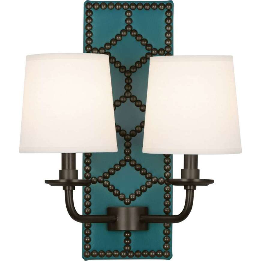 Picture of WILLIAMSBURG LIGHTFOOT WALL SCONCE IN BACKPLATE UPHOLSTERED IN MAYO TEAL LEATHER WITH NAILHEAD DETAIL AND DEEP PATINA BRONZE ACCENTS Z1033