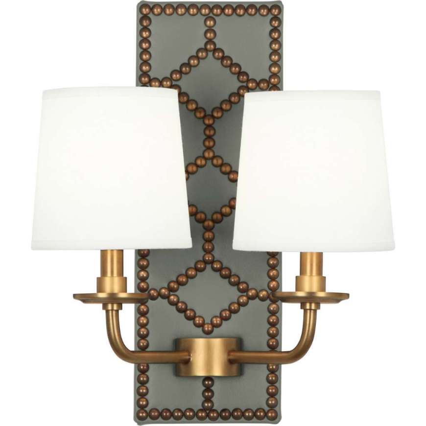 Picture of WILLIAMSBURG LIGHTFOOT WALL SCONCE IN BACKPLATE UPHOLSTERED IN CARTER GRAY LEATHER WITH NAILHEAD DETAIL AND AGED BRASS ACCENTS 1034