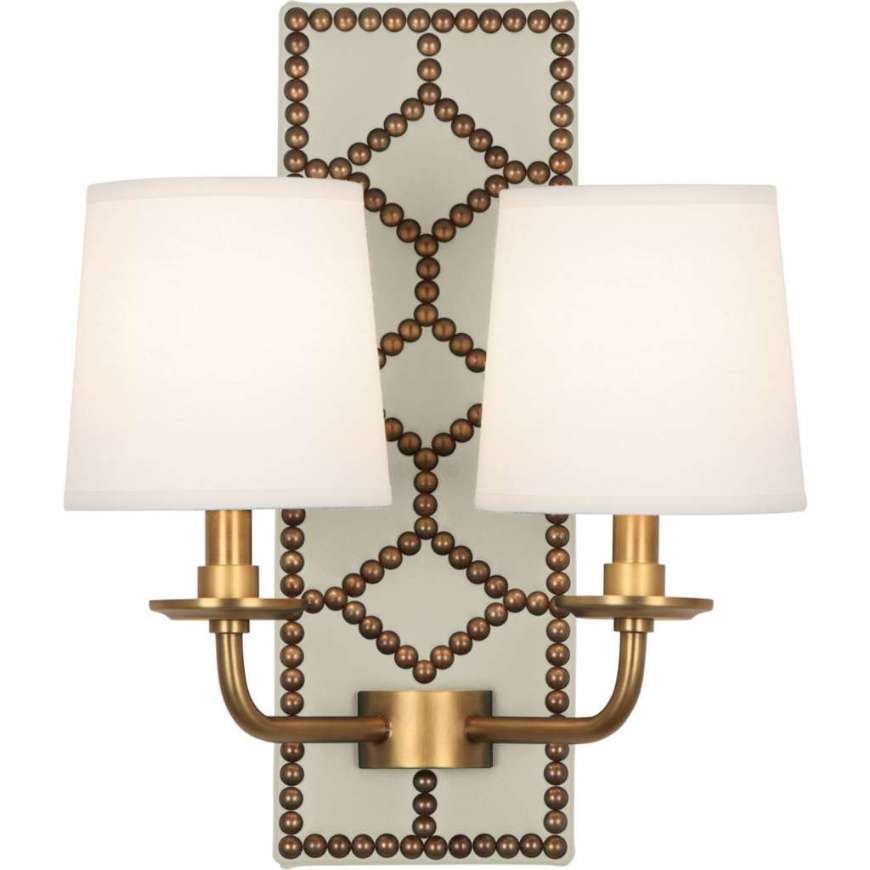 Picture of WILLIAMSBURG LIGHTFOOT WALL SCONCE IN BACKPLATE UPHOLSTERED IN BRUTON WHITE LEATHER WITH NAILHEAD DETAIL AND AGED BRASS ACCENTS 1032