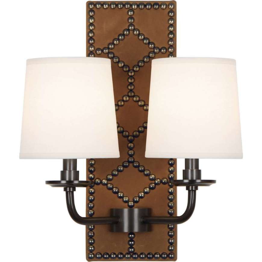 Picture of WILLIAMSBURG LIGHTFOOT WALL SCONCE IN BACKPLATE UPHOLSTERED IN ENGLISH OCHRE LEATHER WITH NAILHEAD DETAIL AND DEEP PATINA BRONZE ACCENTS Z1030