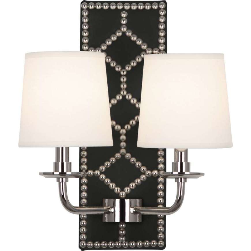 Picture of WILLIAMSBURG LIGHTFOOT WALL SCONCE IN BACKPLATE UPHOLSTERED IN BLACKSMITH BLACK LEATHER WITH NAILHEAD DETAIL AND POLISHED NICKEL ACCENTS S1035