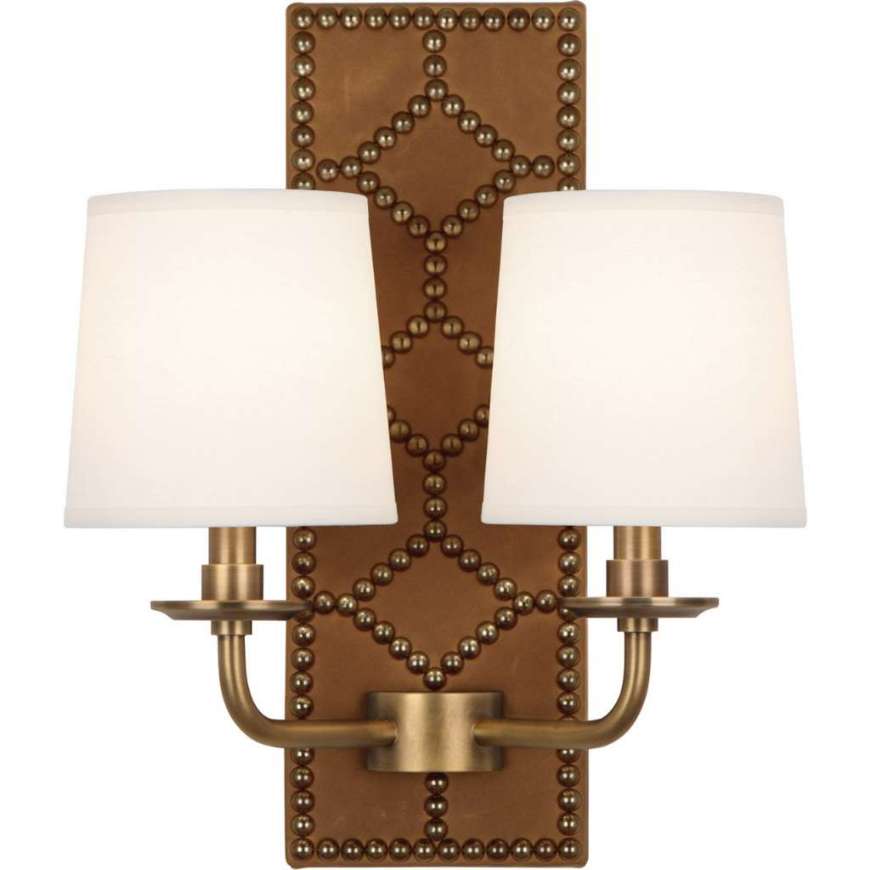 Picture of WILLIAMSBURG LIGHTFOOT WALL SCONCE IN BACKPLATE UPHOLSTERED IN ENGLISH OCHRE LEATHER WITH NAILHEAD DETAIL AND AGED BRASS ACCENTS 1030