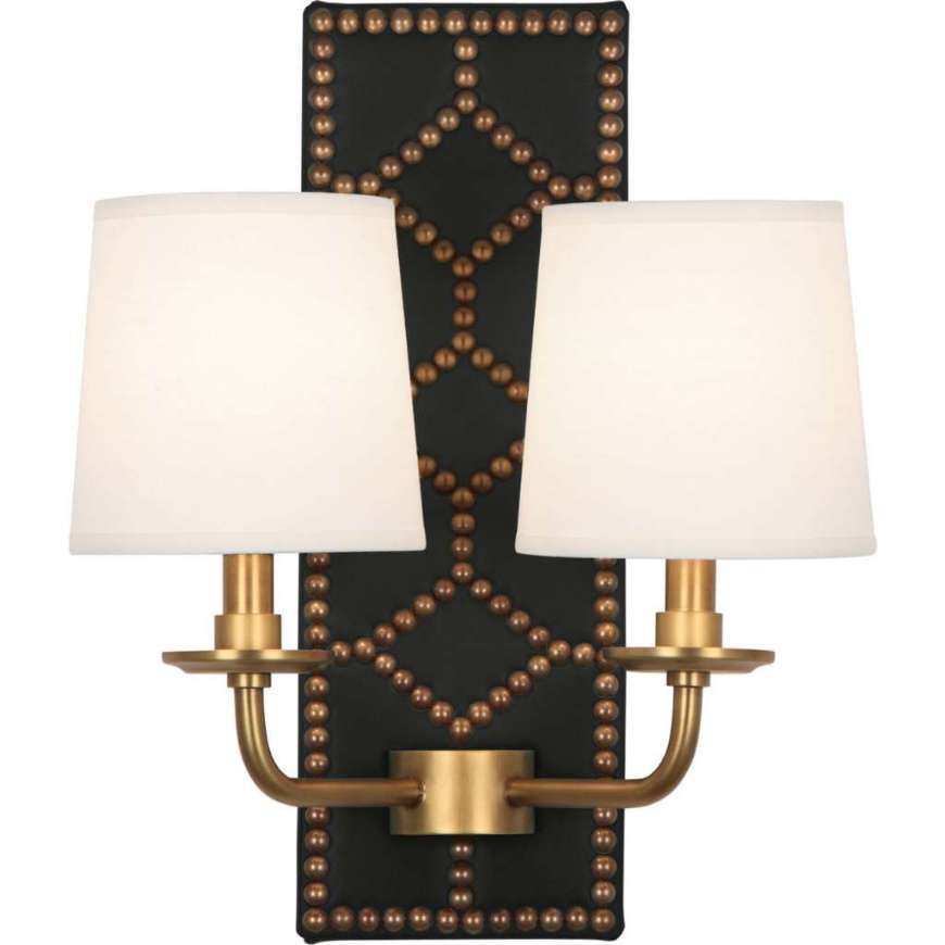 Picture of WILLIAMSBURG LIGHTFOOT WALL SCONCE IN BACKPLATE UPHOLSTERED IN BLACKSMITH BLACK LEATHER WITH NAILHEAD DETAIL AND AGED BRASS ACCENTS 1035