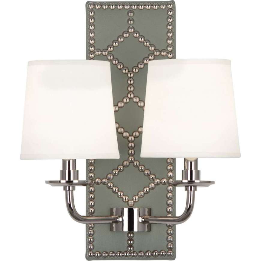 Picture of WILLIAMSBURG LIGHTFOOT WALL SCONCE IN BACKPLATE UPHOLSTERED IN CARTER GRAY LEATHER WITH NAILHEAD DETAIL AND POLISHED NICKEL ACCENTS S1034