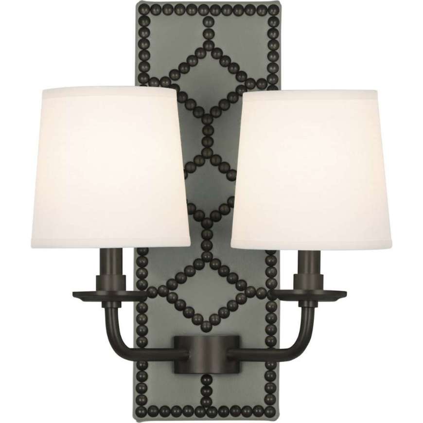 Picture of WILLIAMSBURG LIGHTFOOT WALL SCONCE IN BACKPLATE UPHOLSTERED IN CARTER GRAY LEATHER WITH NAILHEAD DETAIL AND DEEP PATINA BRONZE ACCENTS Z1034