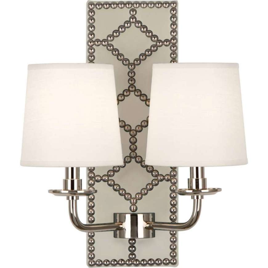 Picture of WILLIAMSBURG LIGHTFOOT WALL SCONCE IN BACKPLATE UPHOLSTERED IN BRUTON WHITE LEATHER WITH NAILHEAD DETAIL AND POLISHED NICKEL ACCENTS S1032