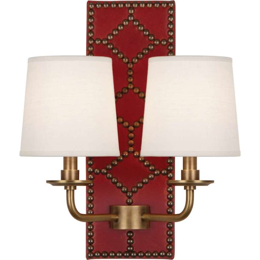 Picture of WILLIAMSBURG LIGHTFOOT WALL SCONCE IN BACKPLATE UPHOLSTERED IN DRAGONS BLOOD LEATHER WITH NAILHEAD DETAIL AND AGED BRASS ACCENTS 1031