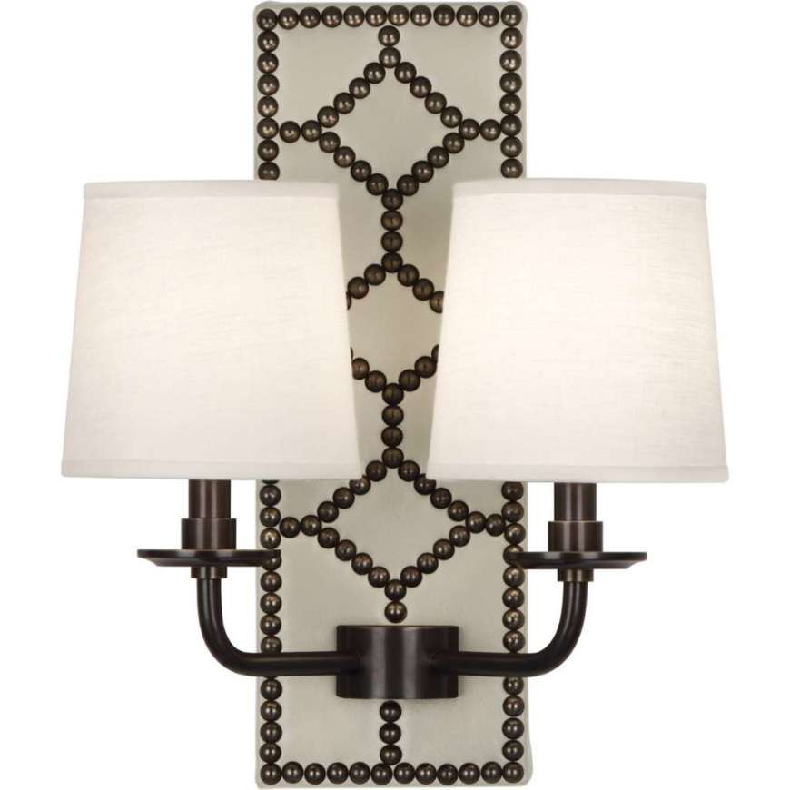 Picture of WILLIAMSBURG LIGHTFOOT WALL SCONCE IN BACKPLATE UPHOLSTERED IN BRUTON WHITE LEATHER WITH NAILHEAD DETAIL AND DEEP PATINA BRONZE ACCENTS Z1032