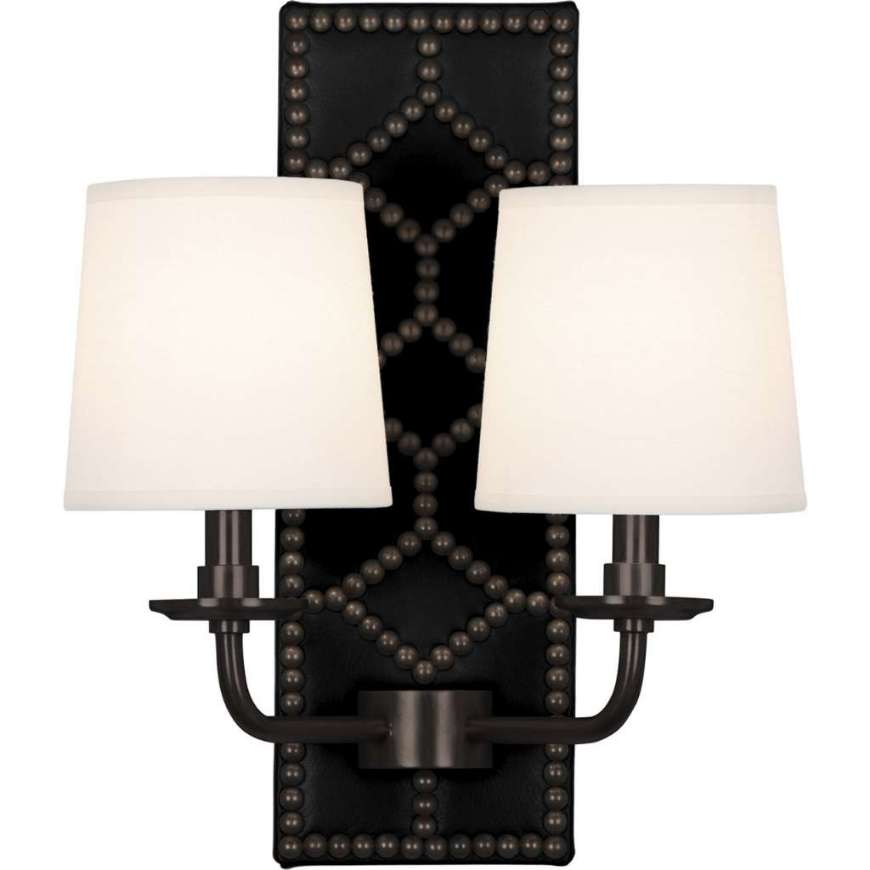 Picture of WILLIAMSBURG LIGHTFOOT WALL SCONCE IN BACKPLATE UPHOLSTERED IN BLACKSMITH BLACK LEATHER WITH NAILHEAD DETAIL AND DEEP PATINA BRONZE ACCENTS Z1035