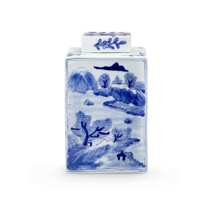 Picture of PEONY SQUARE JAR, BLUE AND WHITE